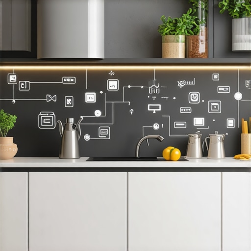 A sleek, modern kitchen with IoT-enabled appliances working seamlessly together.