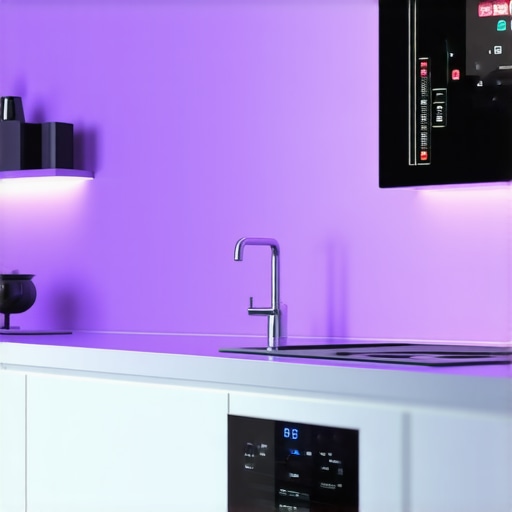 A sleek, modern kitchen with interconnected smart appliances and digital interfaces
