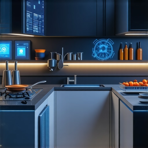 Futuristic Smart Kitchen Ecosystem Smart interconnected kitchen with digital appliances and AI interfaces