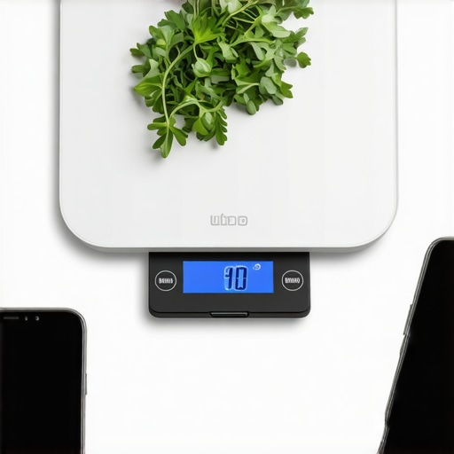 Futuristic Smart Kitchen Scale Smart digital kitchen scale connected to a smartphone in modern kitchen