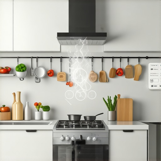 A high-tech kitchen showcasing AI devices, smart appliances, and AR interfaces for advanced cooking.