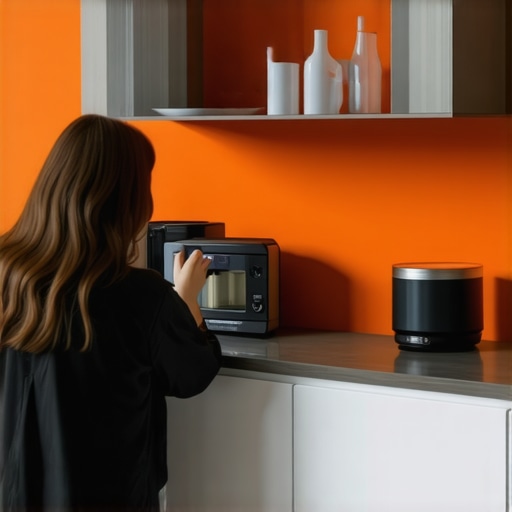 Futuristic smart kitchen with interconnected devices Person using voice commands to control smart kitchen appliances in a high-tech kitchen