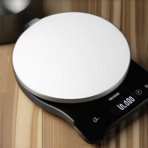 Futuristic smart kitchen scale with digital display and AI features in a stylish contemporary kitchen