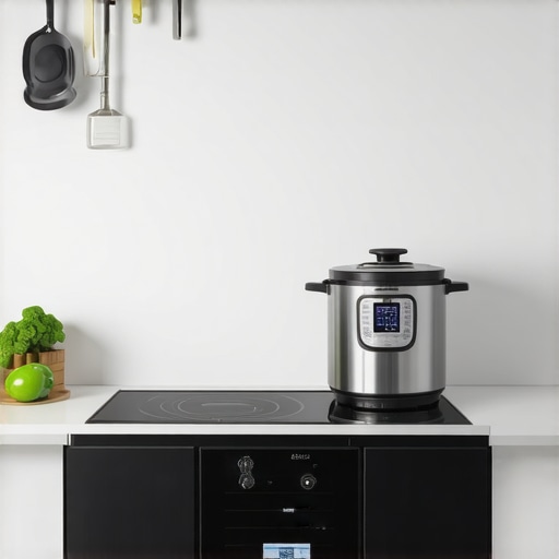A modern kitchen featuring digital scales and Wi-Fi pressure cooker demonstrating advanced kitchen technology