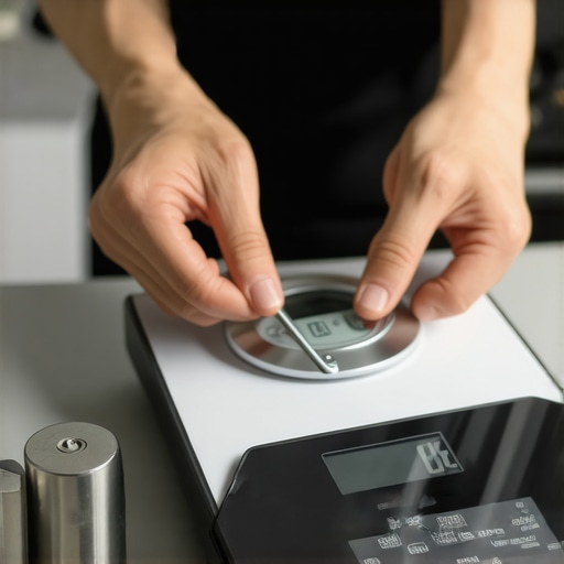 Person calibrating a digital kitchen scale with weights in a modern kitchen