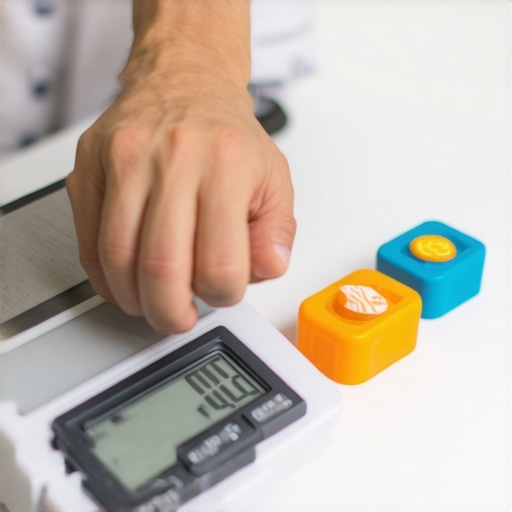 Person calibrating digital kitchen scale with weights for accuracy.