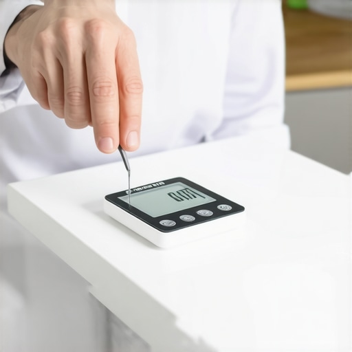 Person calibrating a digital kitchen scale with a known weight in a bright kitchen