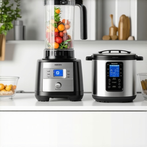 A sleek modern kitchen with various smart kitchen appliances like a blender, pressure cooker, and digital scales all connected via Wi-Fi.