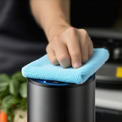 Person cleaning a smart kitchen device with microfiber cloth in a modern kitchen