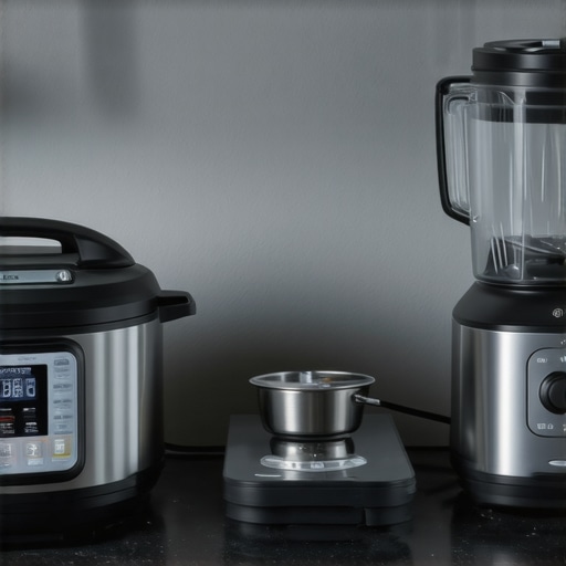 Close-up of a well-maintained smart kitchen gadgets including a pressure cooker, digital scales, and blender on a clean countertop.