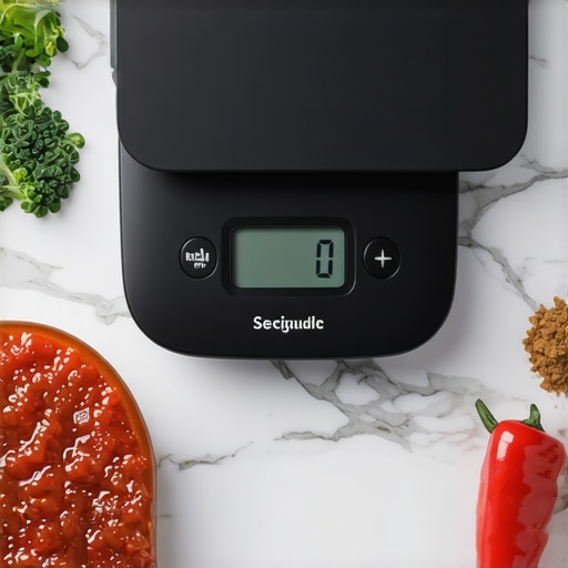 Close-up of a digital kitchen scale measuring flour on a marble countertop.