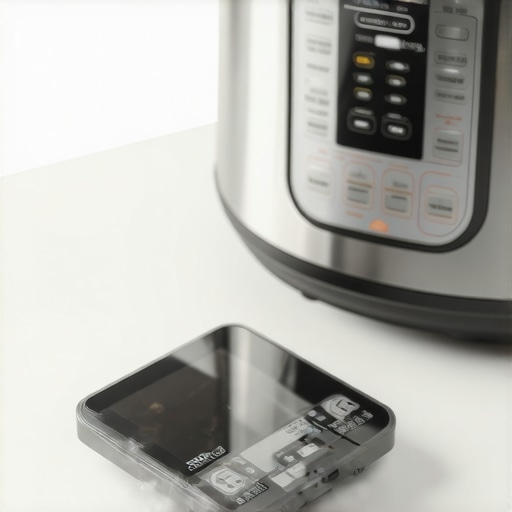 Modern digital kitchen scale and smart pressure cooker on a kitchen counter demonstrating precise measurements.