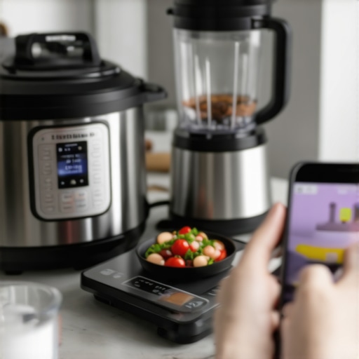 Modern kitchen with smart appliances and a person controlling them via smartphone.
