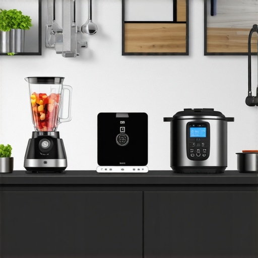 A modern kitchen with smart gadgets connected via smartphone app.