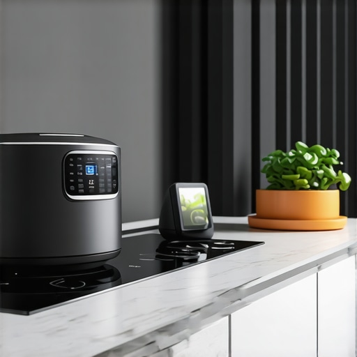 Futuristic kitchen with smart appliances connected for seamless cooking