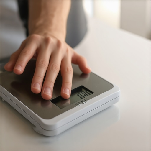 Close-up of a person calibrating a digital kitchen scale in a modern kitchen