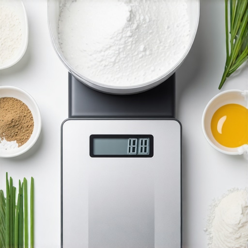 Close-up of a digital kitchen scale showing precise measurement readings with baking ingredients nearby.