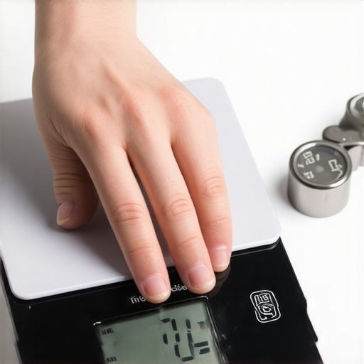 A person calibrating a digital kitchen scale using calibration weights to ensure accurate measurements