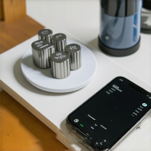 Smartphone app displaying calibration process with digital kitchen scale and weights