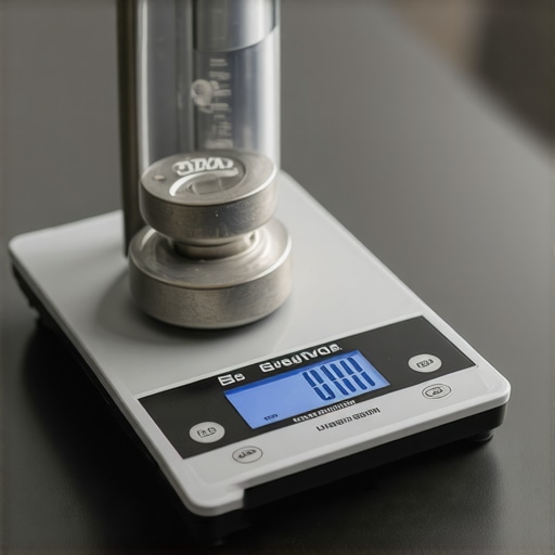 Calibrating a digital kitchen scale for precision Close-up of calibration process of a digital kitchen scale with weights.