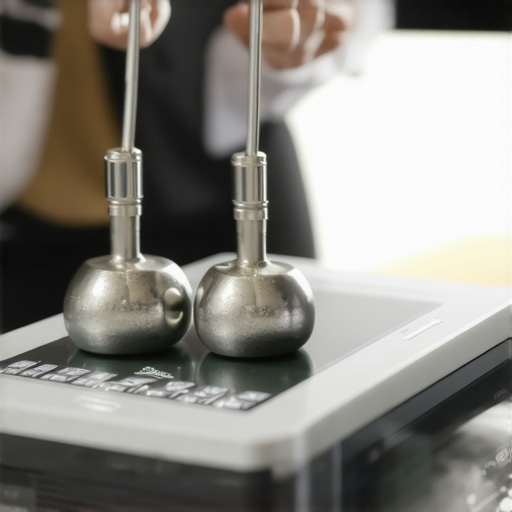 Person calibrating a digital kitchen scale with weights on a countertop.