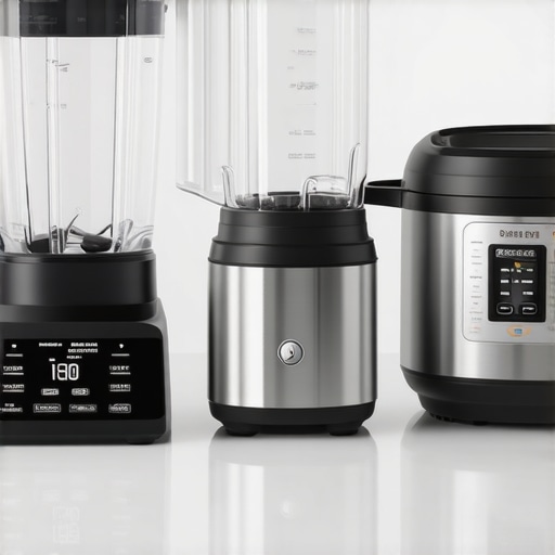 A contemporary kitchen featuring smart scales, a high-tech blender, and an advanced pressure cooker.