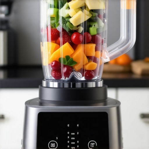 Modern smart blender with digital controls Close-up of a sleek modern smart blender with digital interface in a contemporary kitchen.