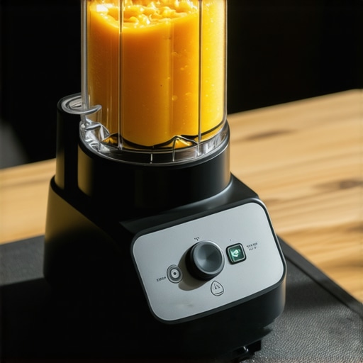 Sleek modern blender with noise reduction features blending ingredients silently on a vibration dampening mat