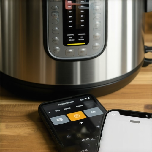 A contemporary kitchen with a pressure cooker, digital scale, and a smartphone controlling cooking settings.