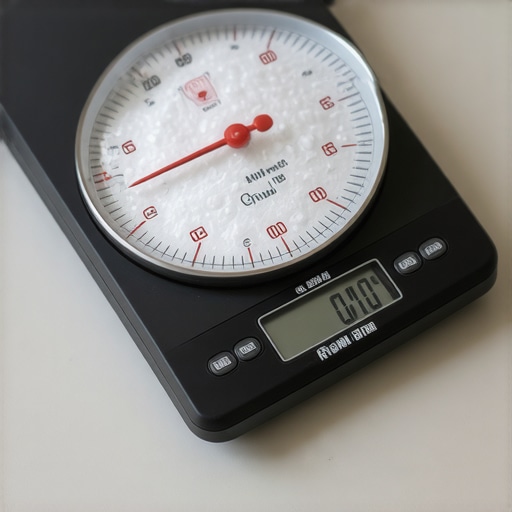 Calibrated Digital Kitchen Scale Close-up of a precise digital scale with calibration weights on a kitchen counter.