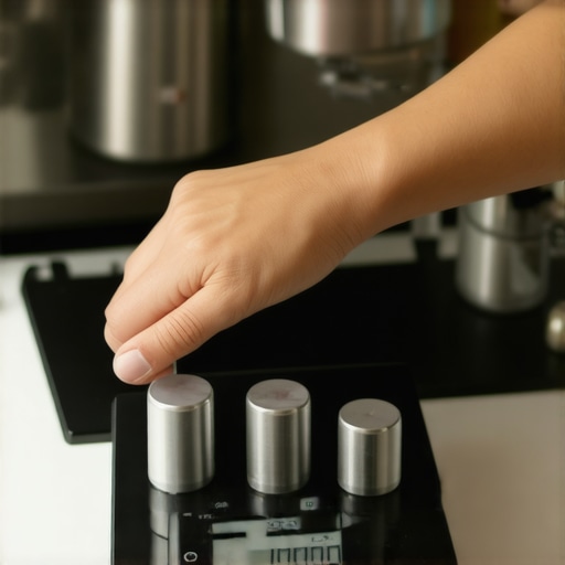 Calibrating Kitchen Scale for Precision Person adjusting a kitchen scale using calibration weights for accurate measurements.
