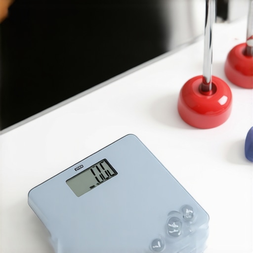 A set of tiny calibration weights and an accurate digital kitchen scale used for maintaining measurement precision.
