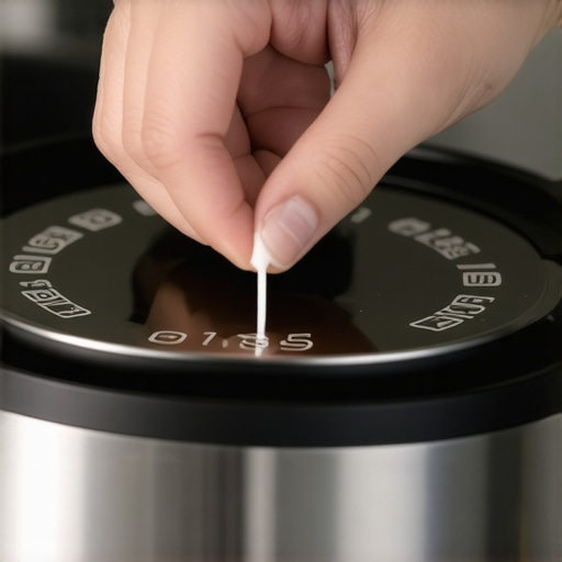 Person cleaning the lid sensor contacts of a smart pressure cooker with a cotton swab.