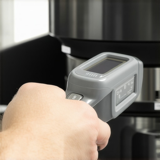 Person using infrared thermometer to check blender motor temperature during kitchen prep.