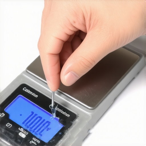 Person calibrating a digital kitchen scale with precision weights for accuracy.