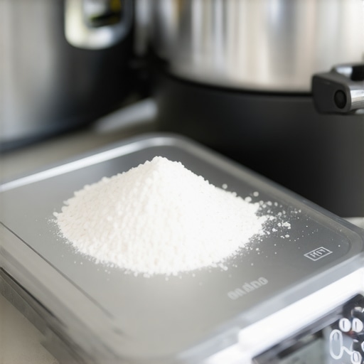 A high-precision digital kitchen scale being calibrated with official weights for micro-baking
