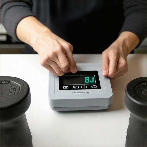 Person calibrating a digital kitchen scale with weights on a kitchen countertop.