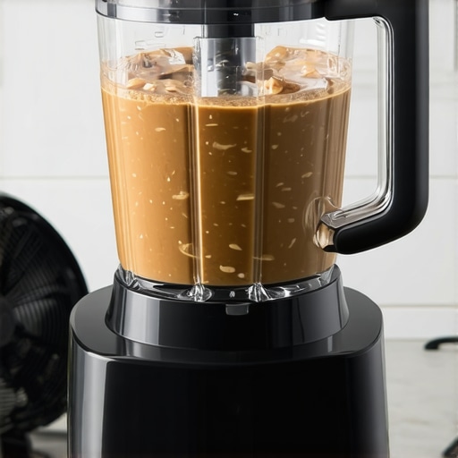 Blender in action with cooling system A modern blender blending nut butter with a visible cooling fan