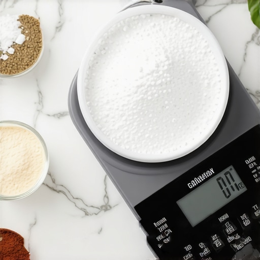 Calibrated Kitchen Scale for Precision Baking A high-precision digital kitchen scale showing accurate measurements for baking.