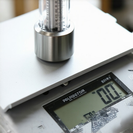 Close-up image of user calibrating a modern digital kitchen scale with a weight.