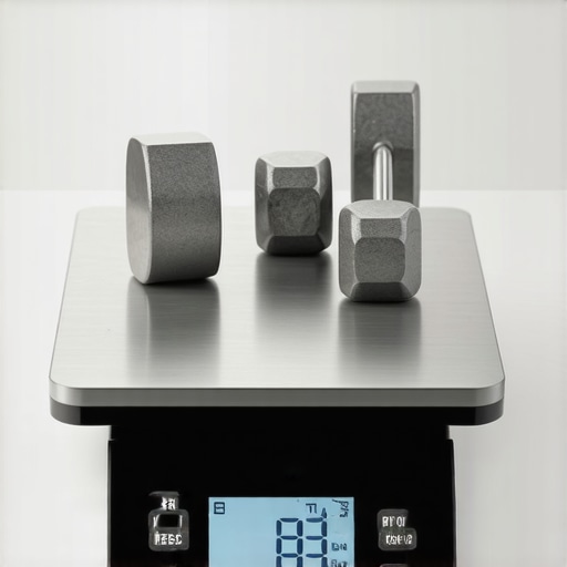 Person calibrating digital kitchen scale with calibration weights on a countertop