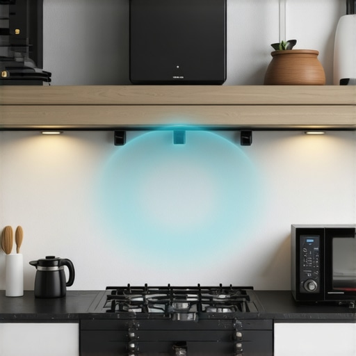 A sleek modern kitchen with a router mounted high on a shelf, with Wi-Fi signals reaching various smart appliances.