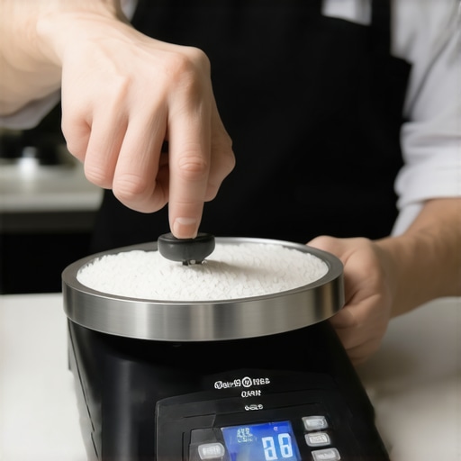 A person calibrating a digital kitchen scale with certified weights in a bright, modern kitchen environment.