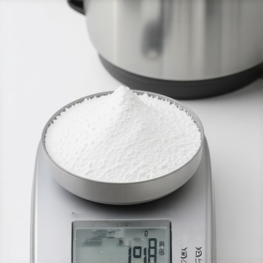 A close-up of a modern digital kitchen scale measuring grams of baking ingredients with high accuracy.