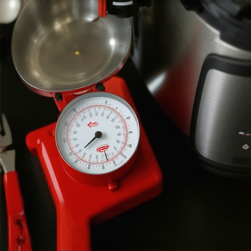 Precision Tools for Kitchen Maintenance A set of professional kitchen calibration scales and pressure cooker tools on a countertop