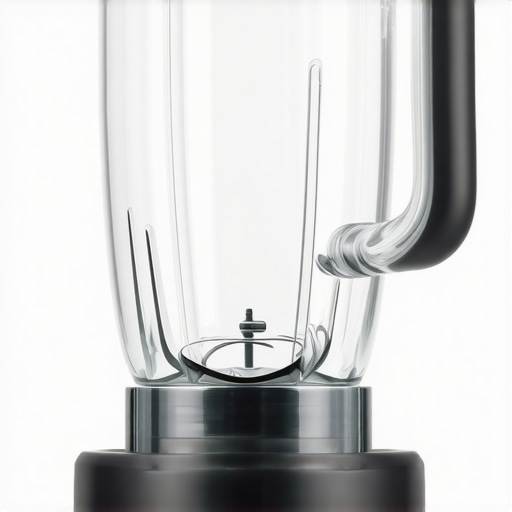 Close-up of a blender showcasing new carbon fiber blades installed for improved performance.