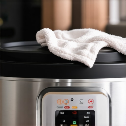A person cleaning a pressure cooker sensor with a cloth in a kitchen.