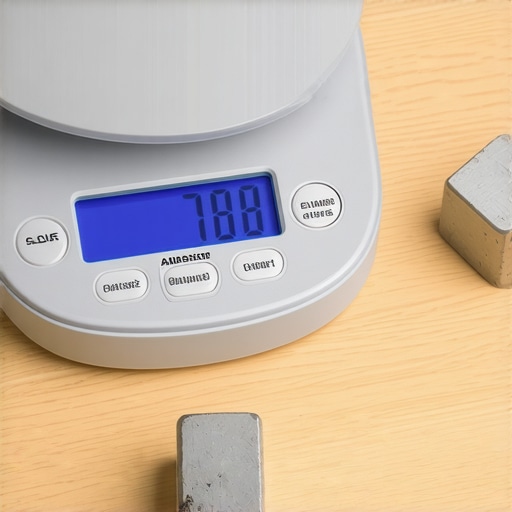 A person placing calibration weights on a digital kitchen scale in a well-lit kitchen