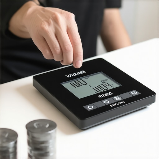 Person adjusting a digital kitchen scale with certified weights amidst small kitchen appliances.