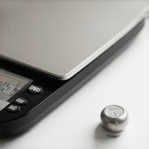 A detailed image showing a hand adjusting a kitchen scale with a small calibration weight on a marble countertop